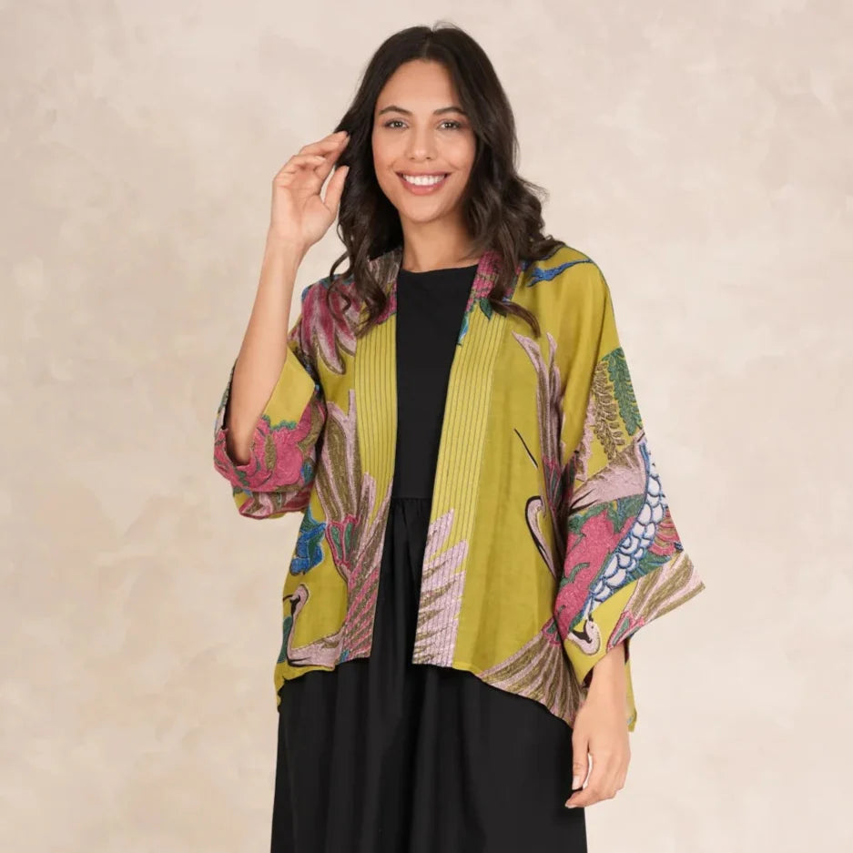 Vibrant yellow silk Olive Crane Kimono with pink, blue, green dragon motifs
