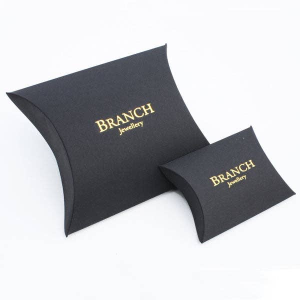 Black pillow gift boxes with gold Branch Jewellery branding for orange brown double link earrings