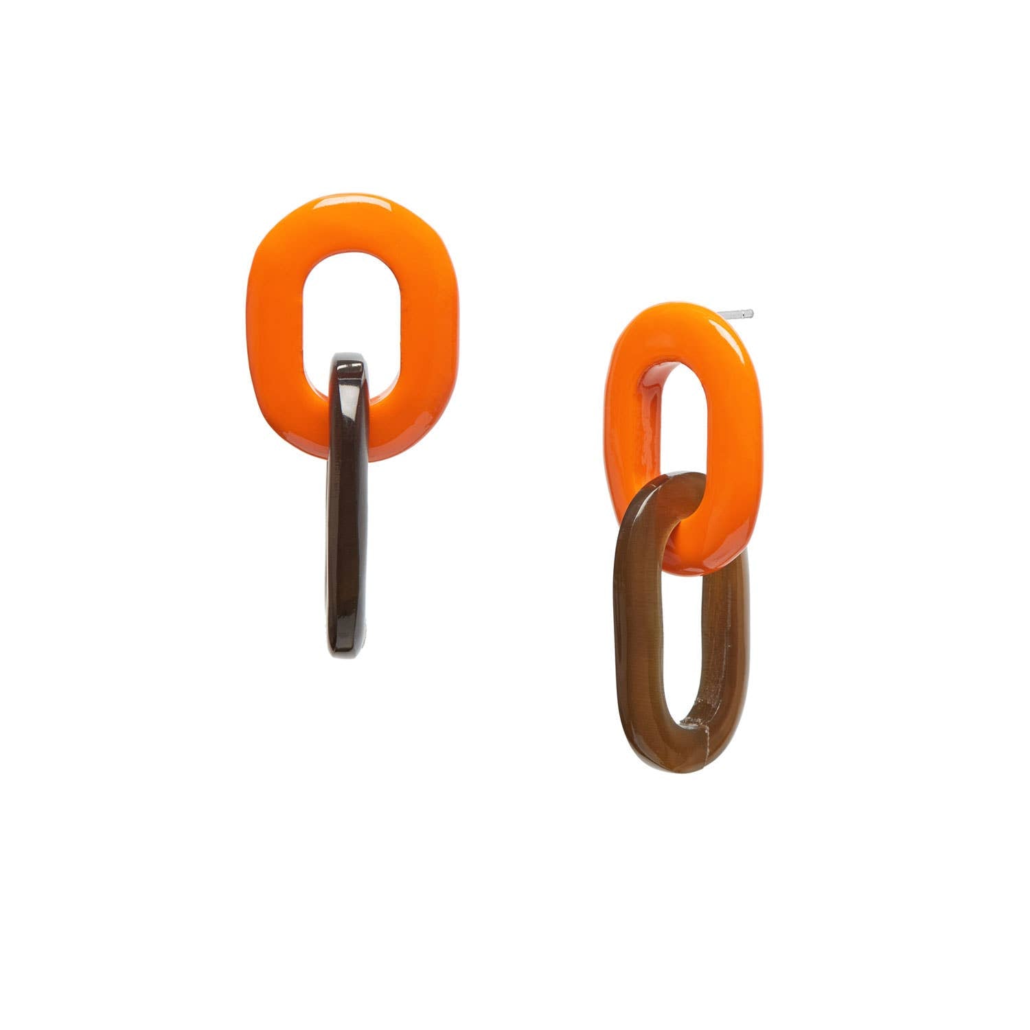 Vibrant orange and dark brown resin double link chain earrings with glossy finish