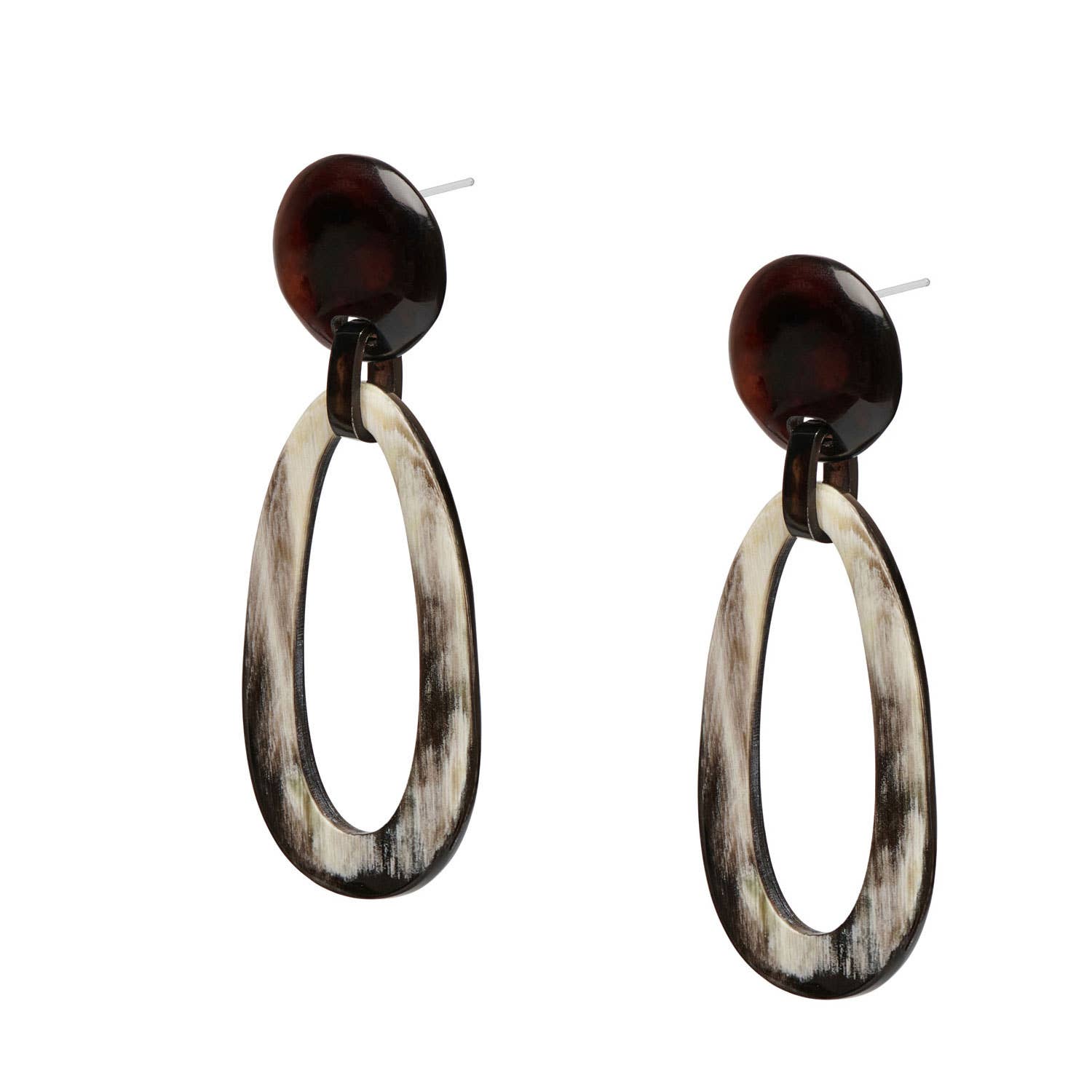 Black natural oval link horn drop earring with dark tortoiseshell top and matte white black hoop