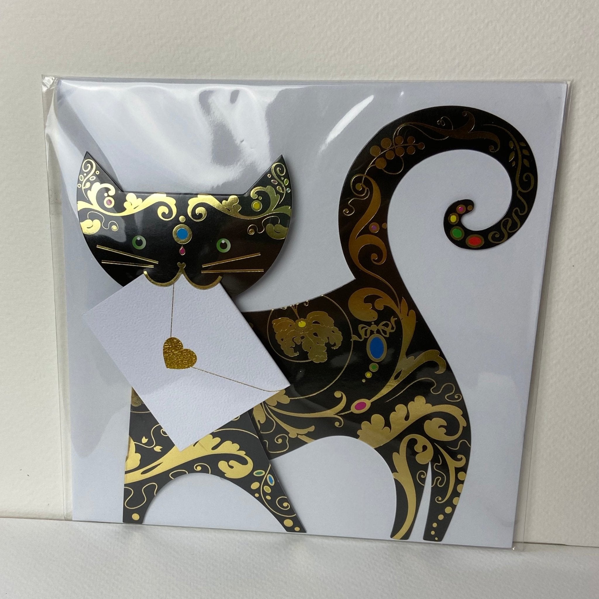 Elegant Paris Cat Card: Black gold ornate cat with glittery heart envelope