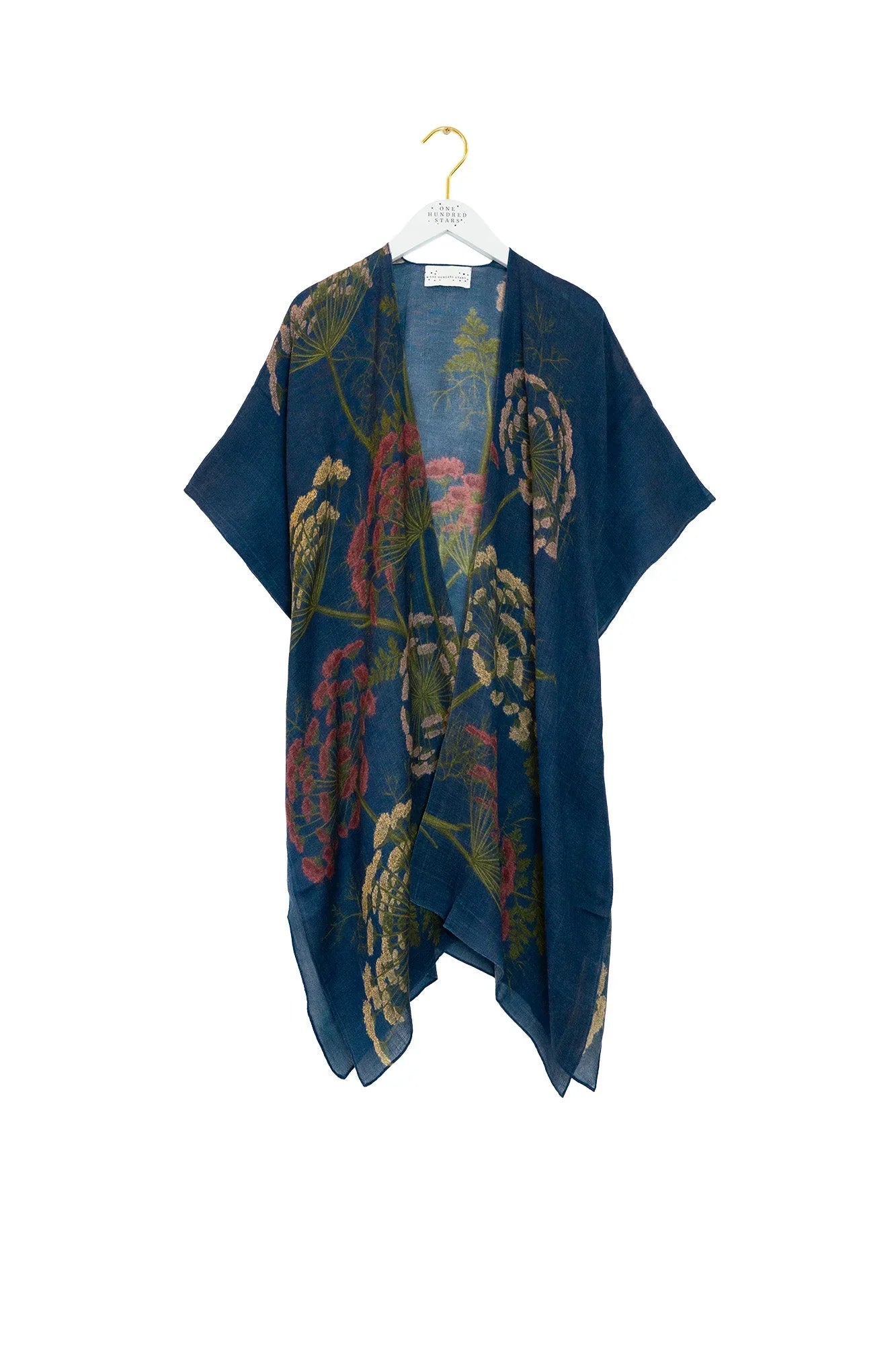 Navy blue sheer kimono with red pink green floral pattern