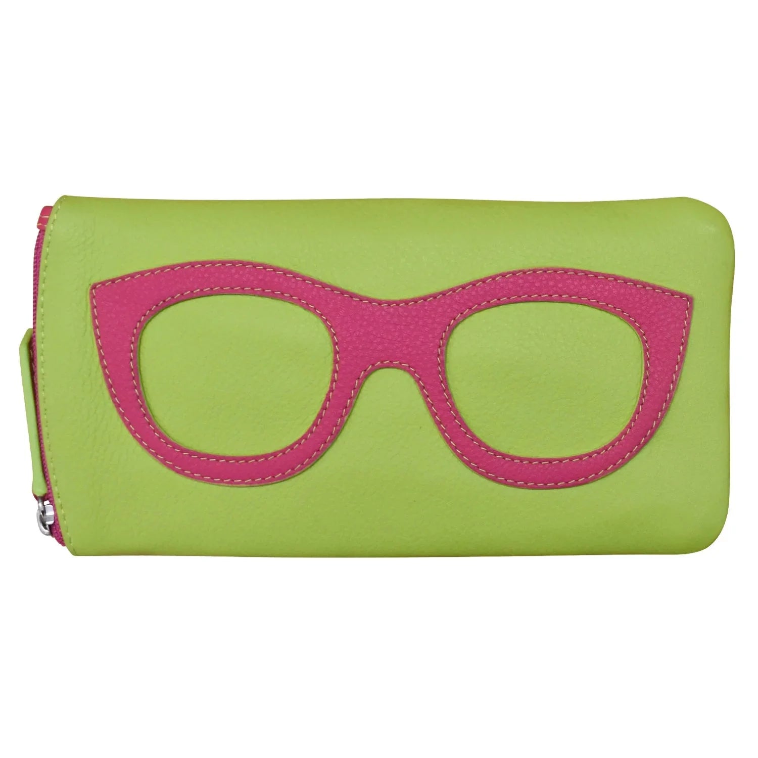 Lime green leather wallet with pink eyeglasses in Pear and Pink Glasses Case