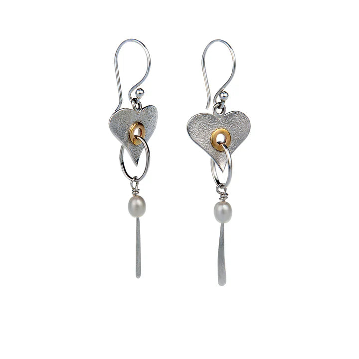Silver heart-shaped Pearl Drop Earrings with textured finish, gold detail, and dangling freshwater pearls