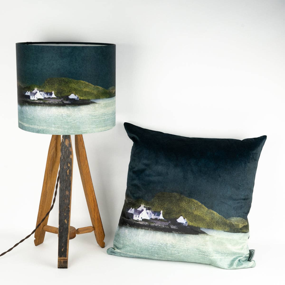Dark teal Plockton velvet cushion with coastal village print