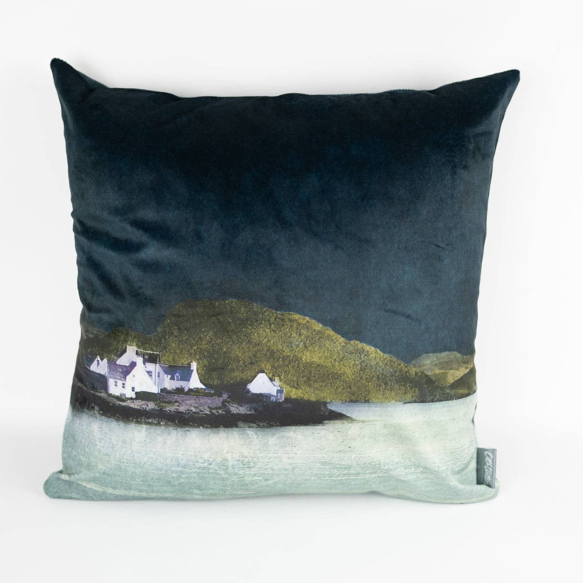 Dark teal Plockton velvet cushion with white cottages and green hills print