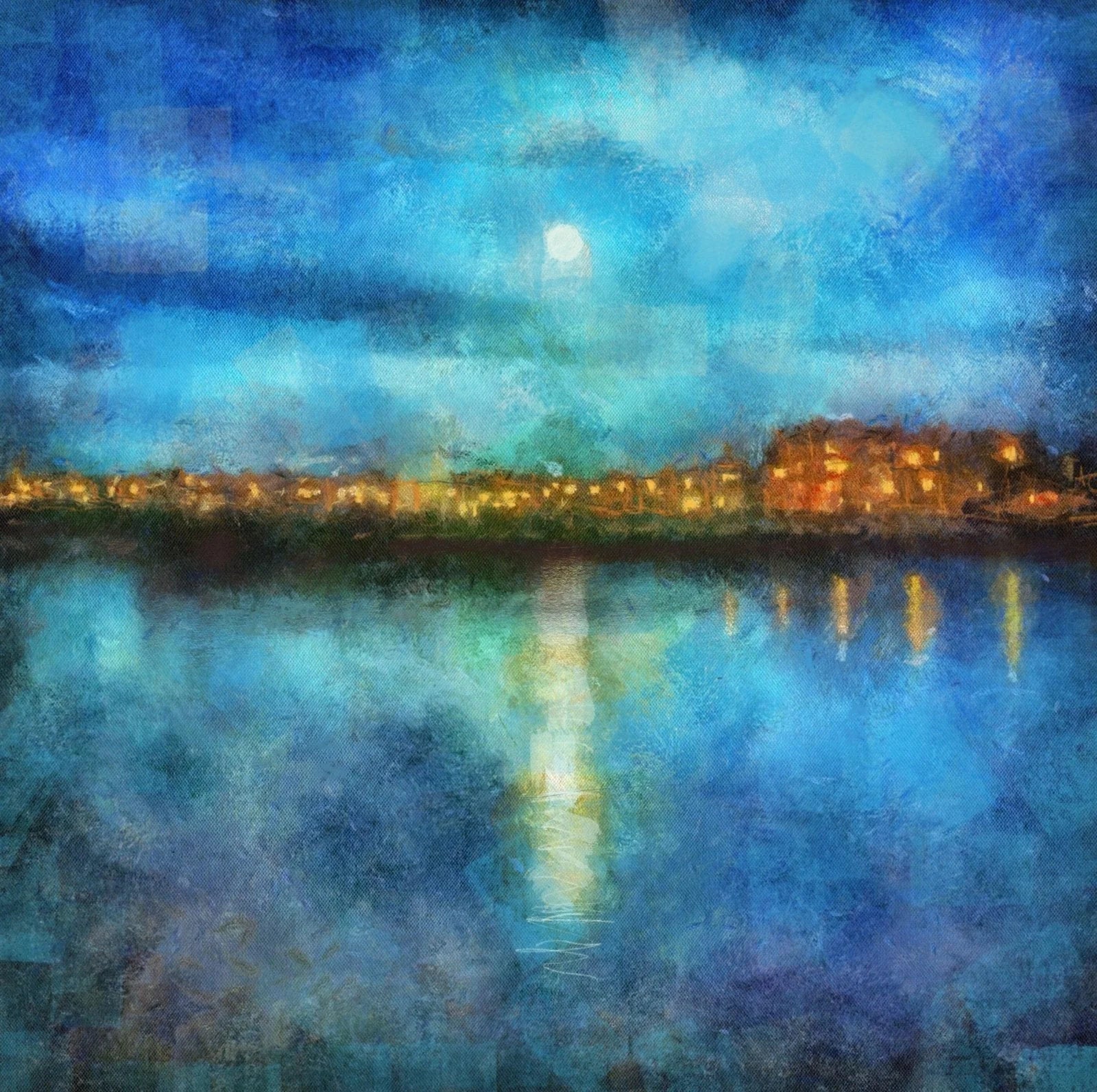 Portobello Moonlight: Scottish nocturnal cityscape with glowing full moon over waters