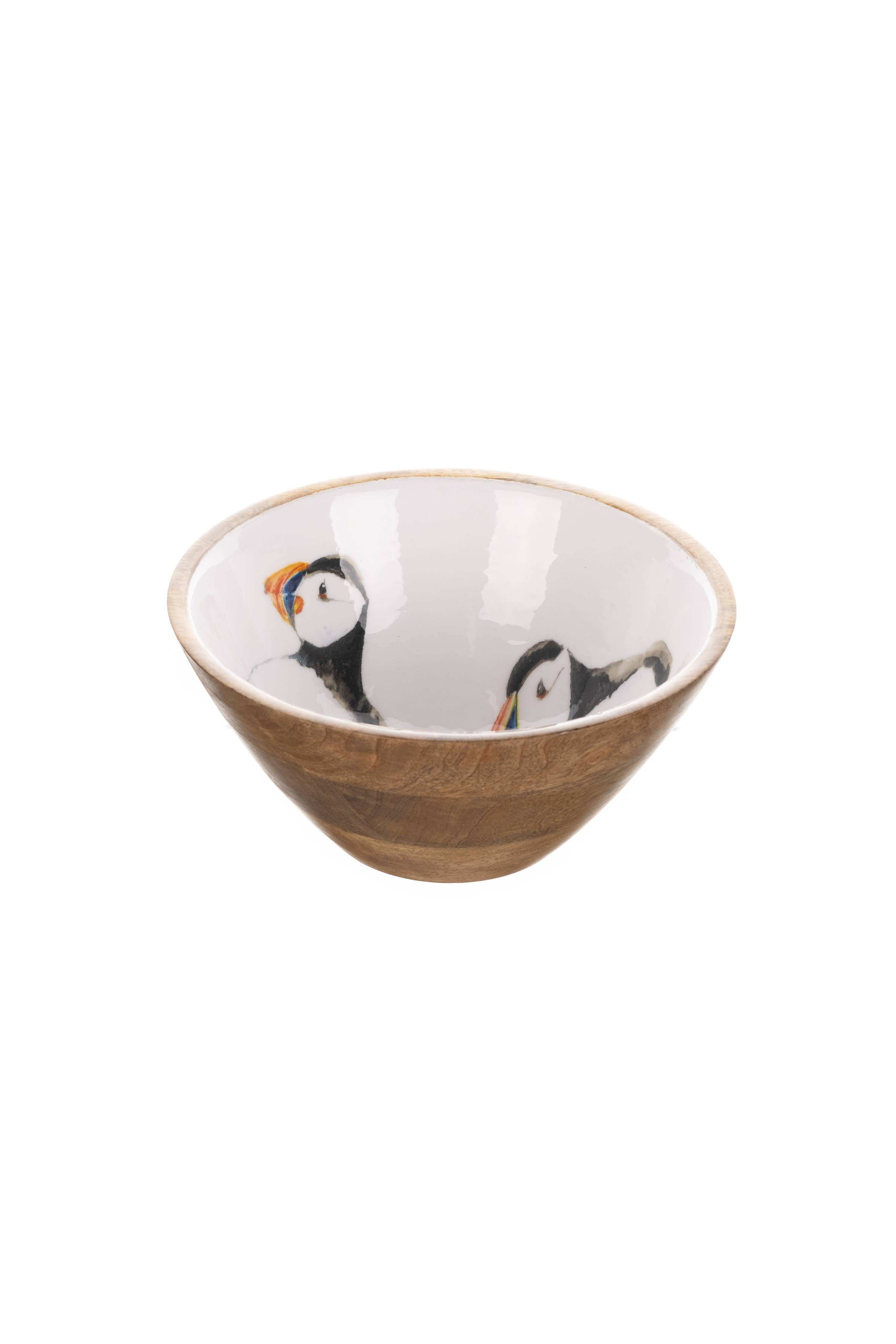 Charming Puffin Wooden Bowl 25cm with hand-painted puffin illustrations