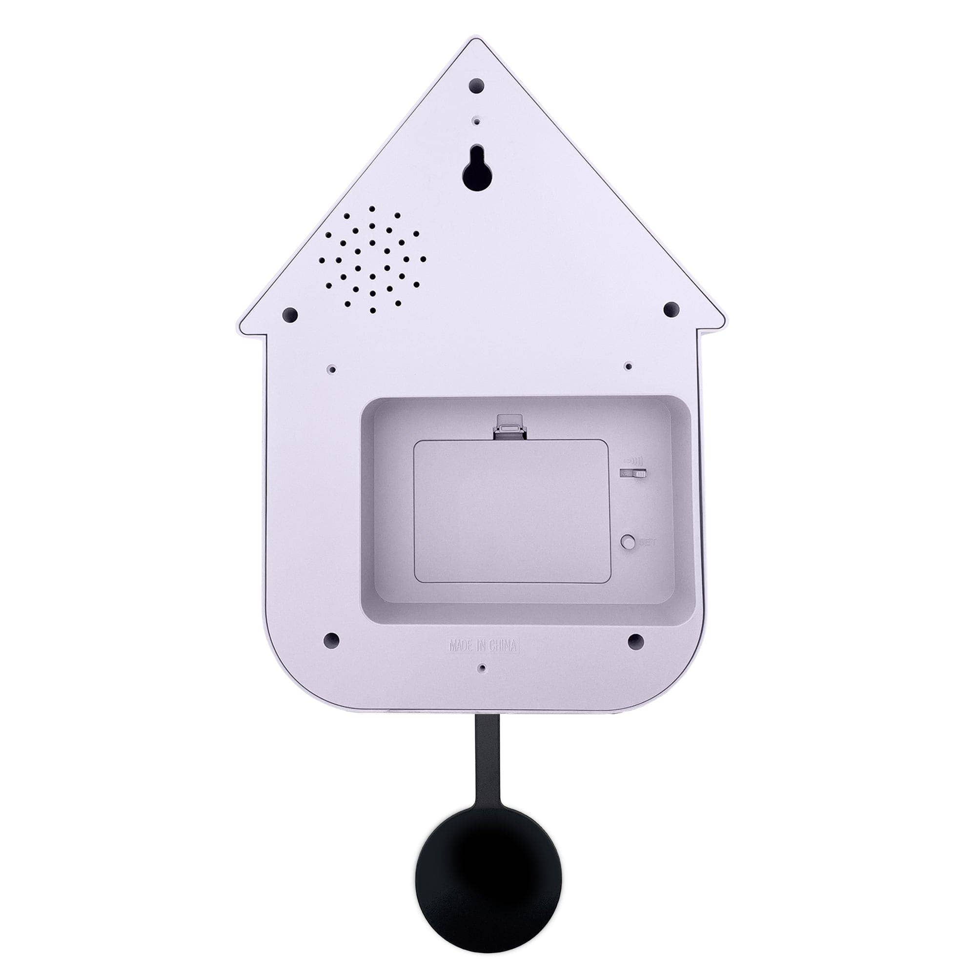 White house-shaped wall clock with black pendulum bob