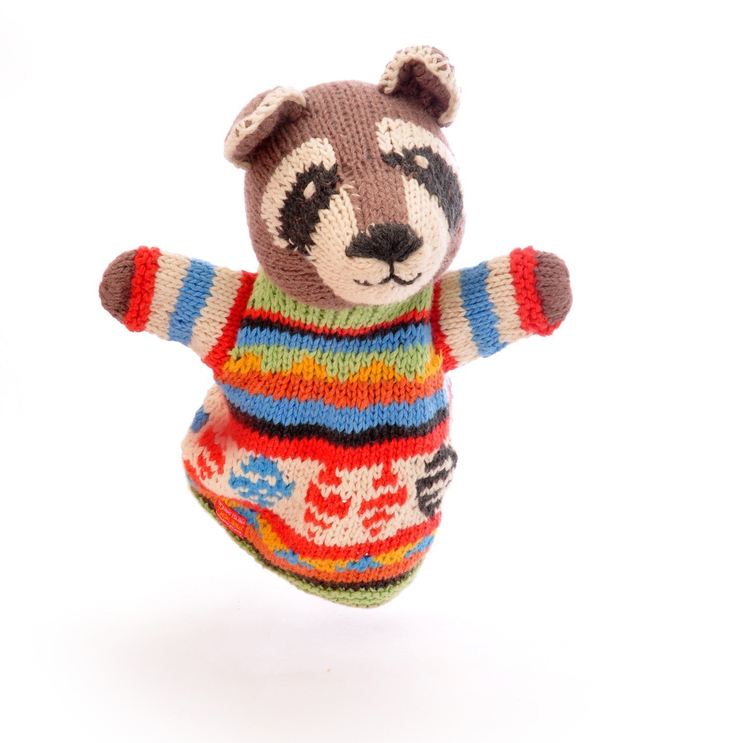 Knitted raccoon hand puppet in colorful striped sweater