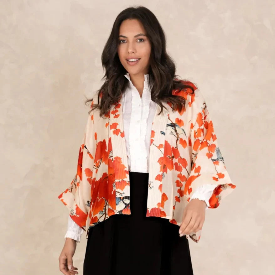 Red Acer Kimono: off-white jacket with orange floral patterns