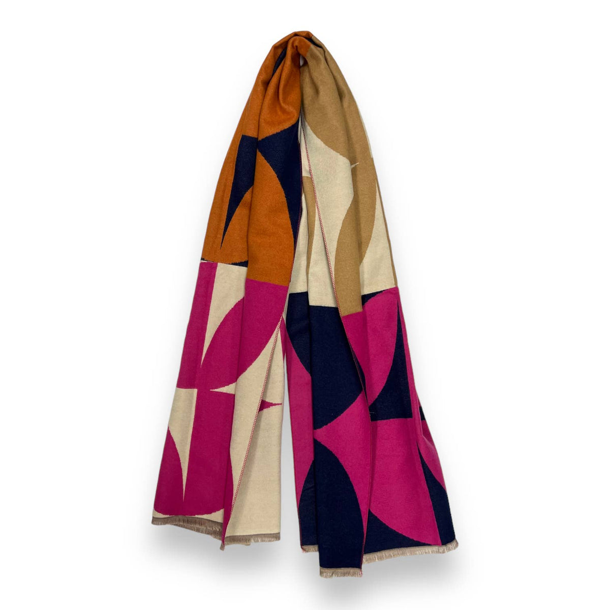 Vibrant retro print cashmere blend scarf in orange, navy, magenta with fringes