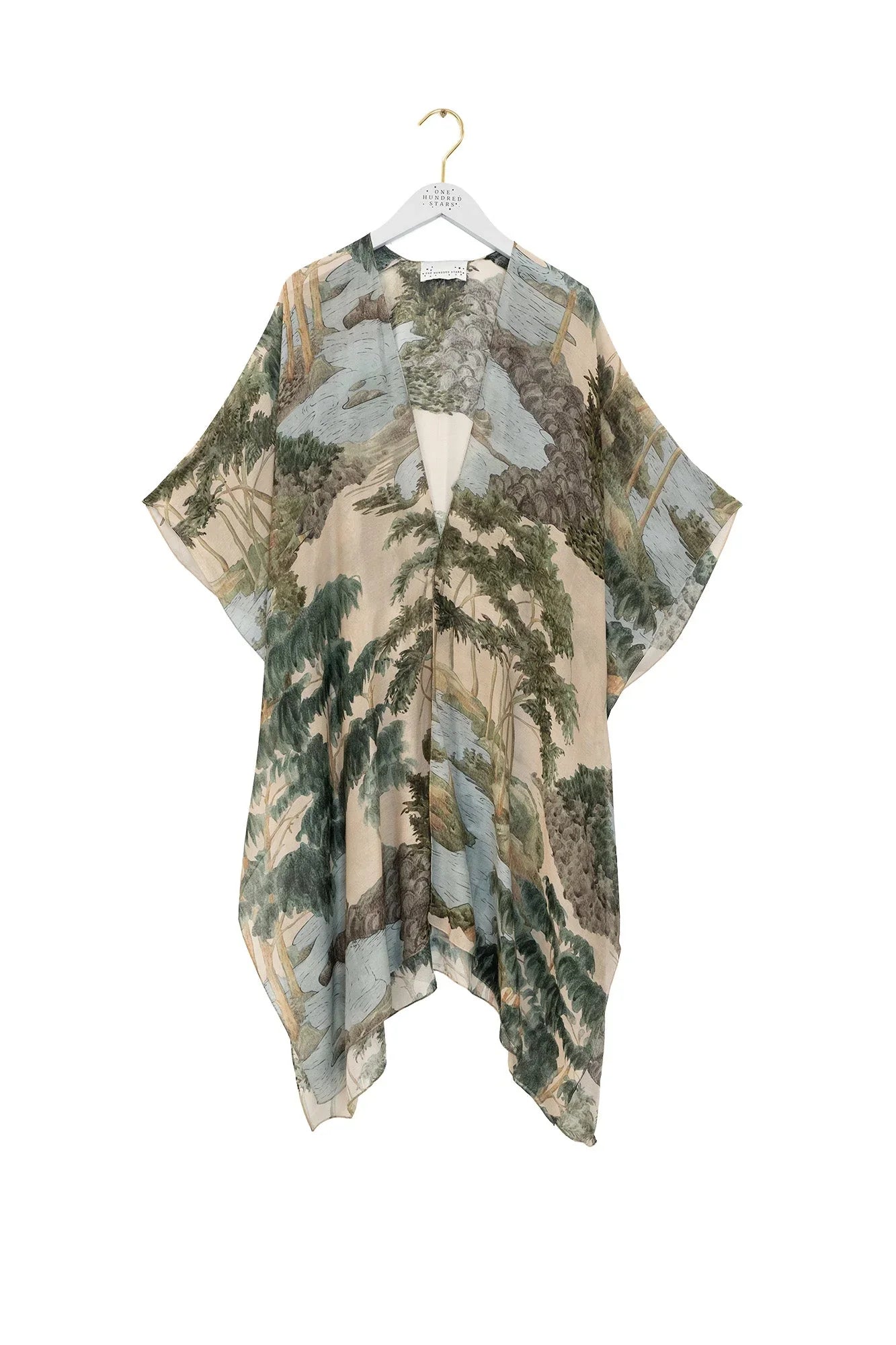Rivers and Trees Natural Throwover: beige kaftan with tropical forest print