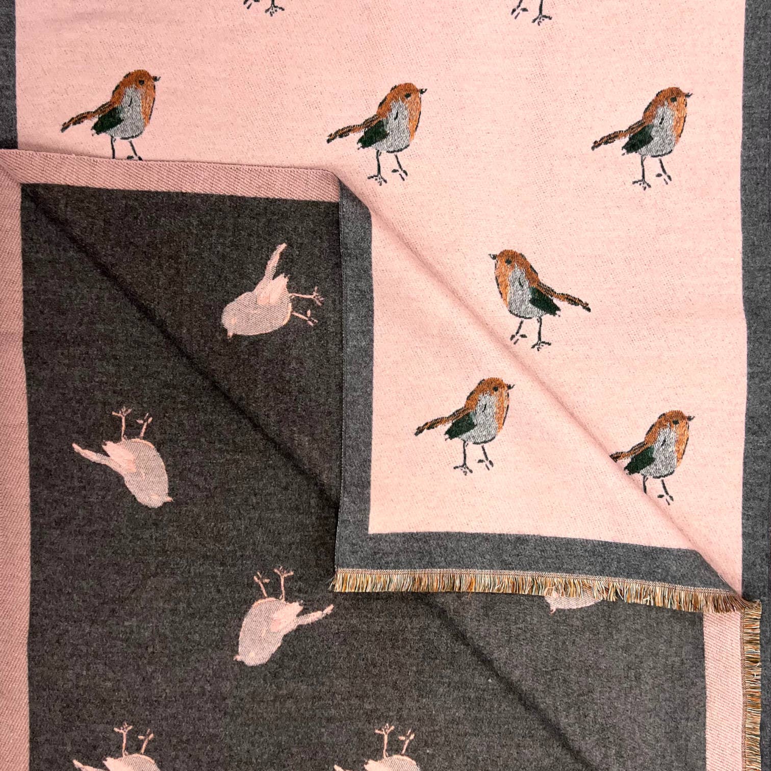 Robin bird woven print on reversible cashmeremix: Red - Scarves! - Scotland