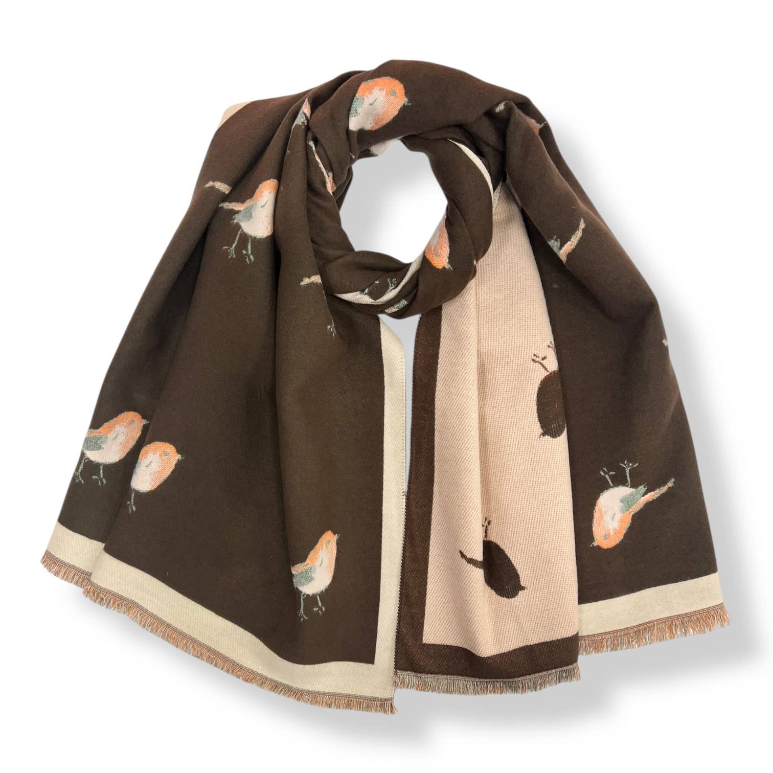 Robin bird woven print on reversible cashmeremix: Red - Scarves! - Scotland