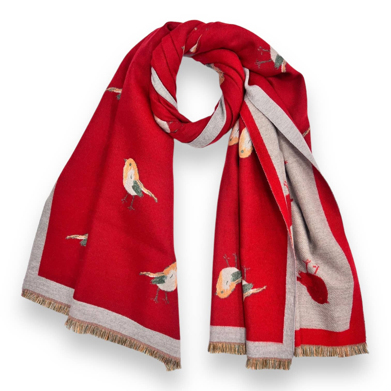 Robin bird woven print on reversible cashmeremix: Red - Scarves! - Scotland