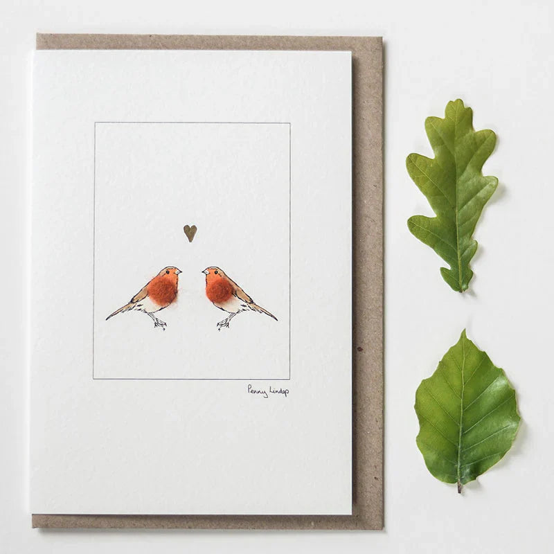 Charming Robins in Love greeting card with watercolor robins and heart
