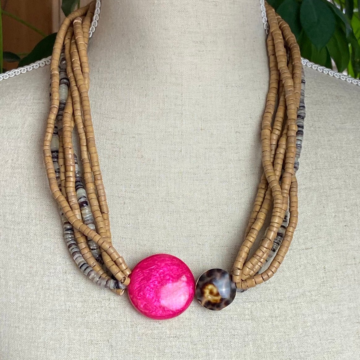 Rows of Natural beads with Pink Shell and Tortoiseshell - The Nancy Smillie Shop - Art, Jewellery & Designer Gifts Glasgow