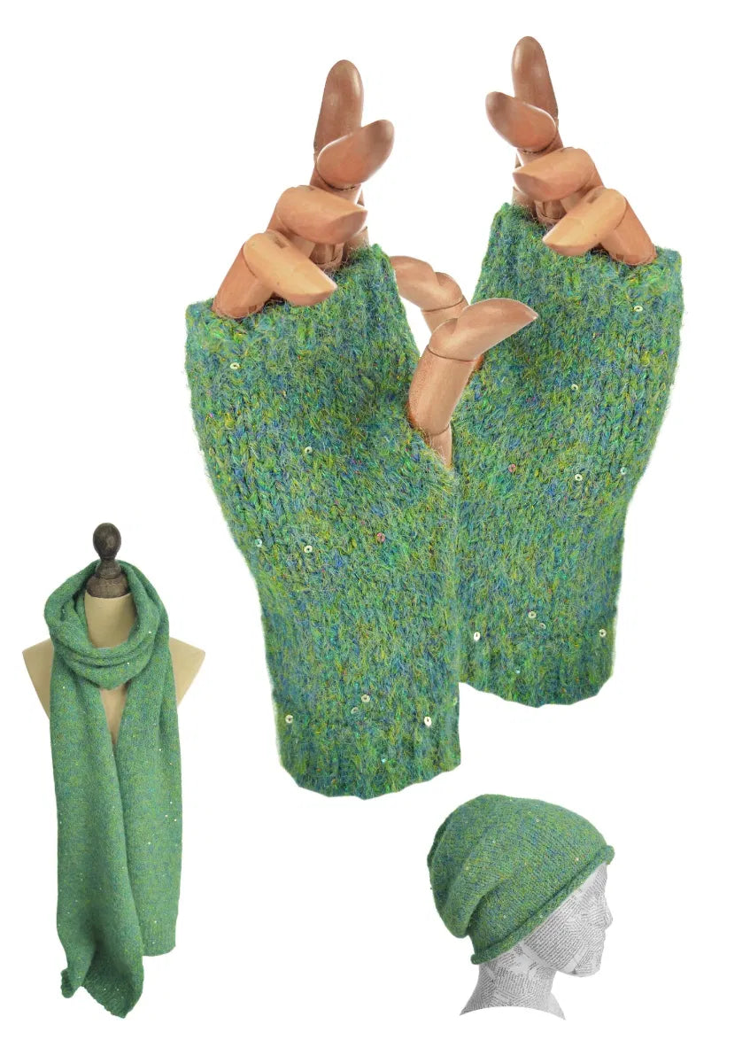 Sage Cosmos Shimmer Mitts: green sequined fingerless gloves