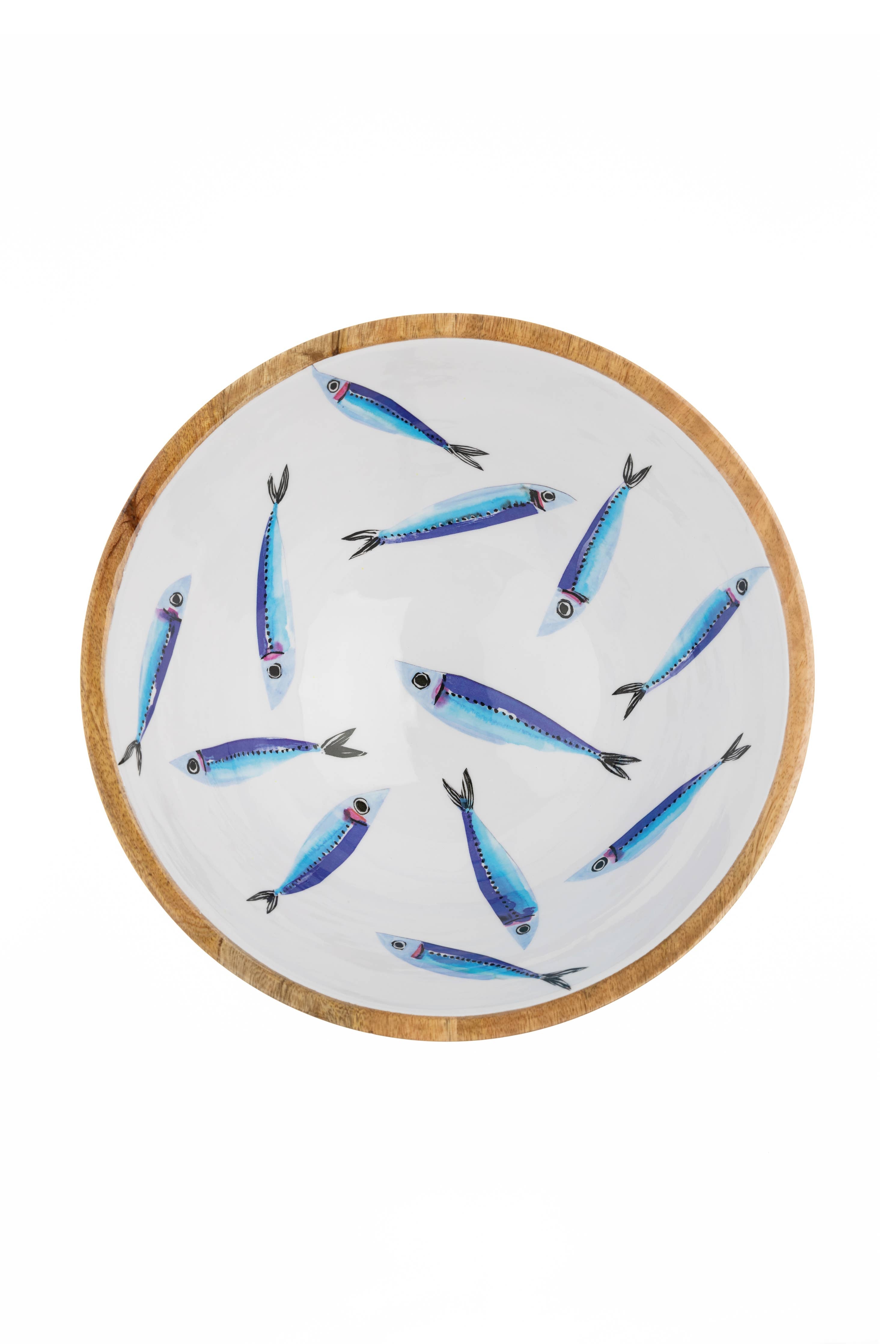 White ceramic Sardine Bowl #1 with wooden rim and hand-painted blue fish