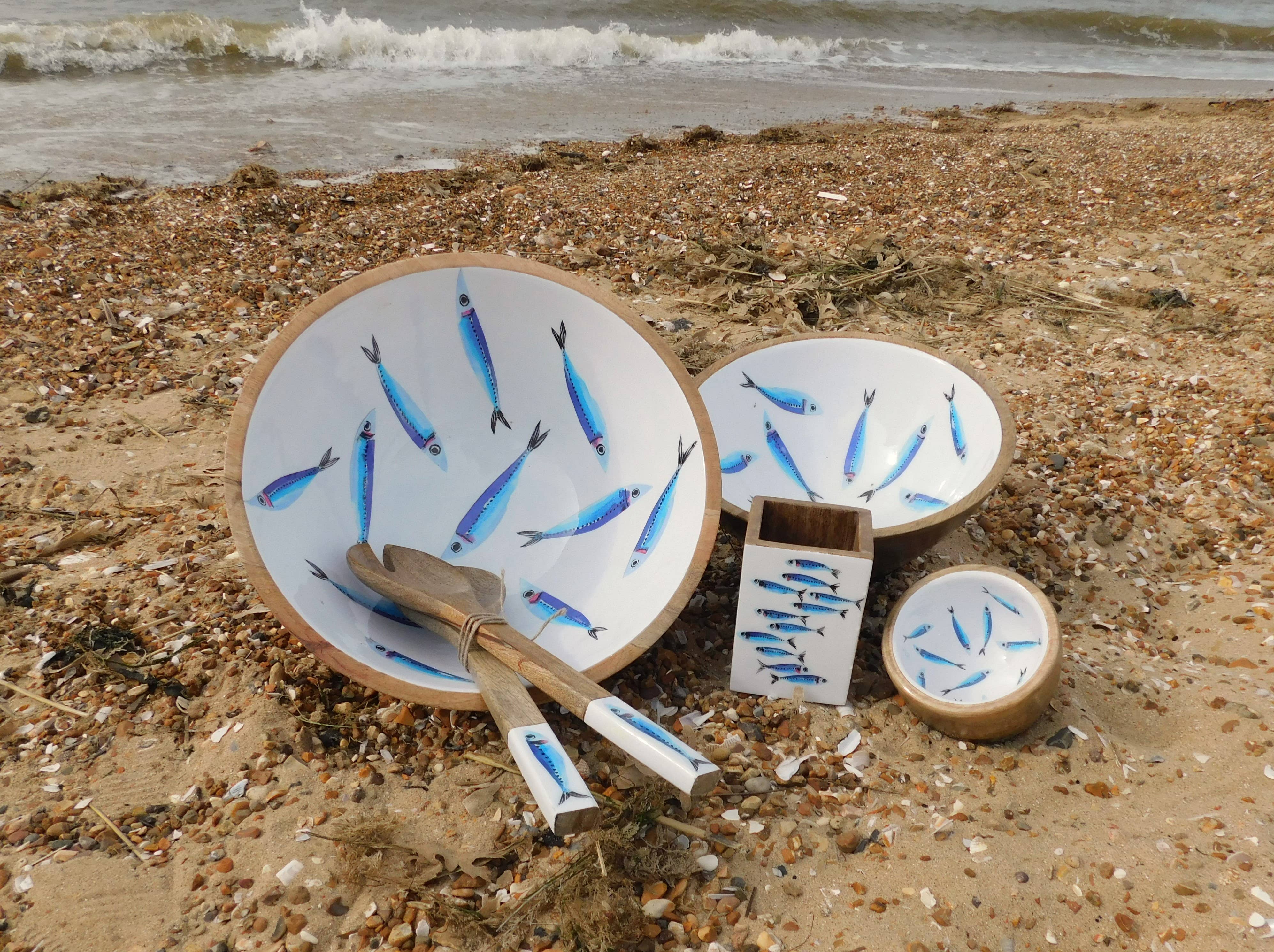 Sardine Bowl #1: 25cm wooden bowl with blue fish illustrations