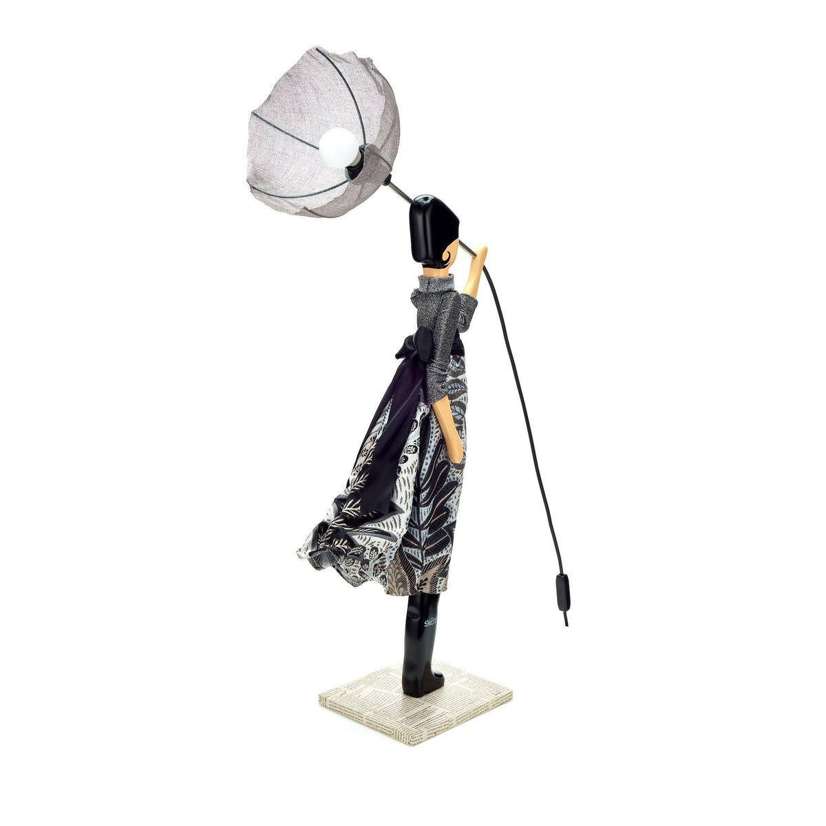 Saron Lady Lamp: Black silver figurine of stylized woman with umbrella light