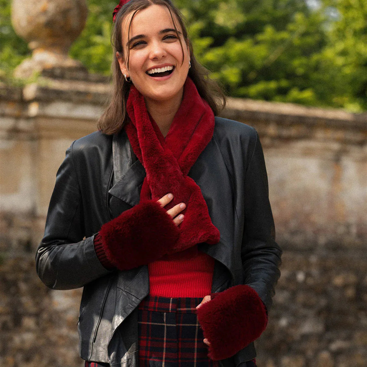 Rich red faux fur scarf and matching fingerless mittens set