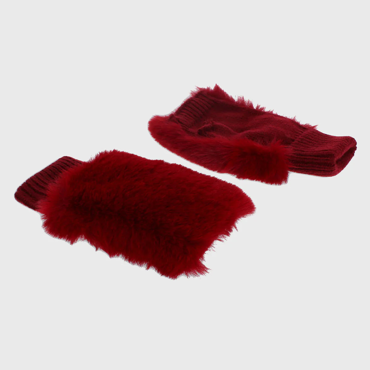 Red faux fur fingerless gloves with ribbed knit cuffs