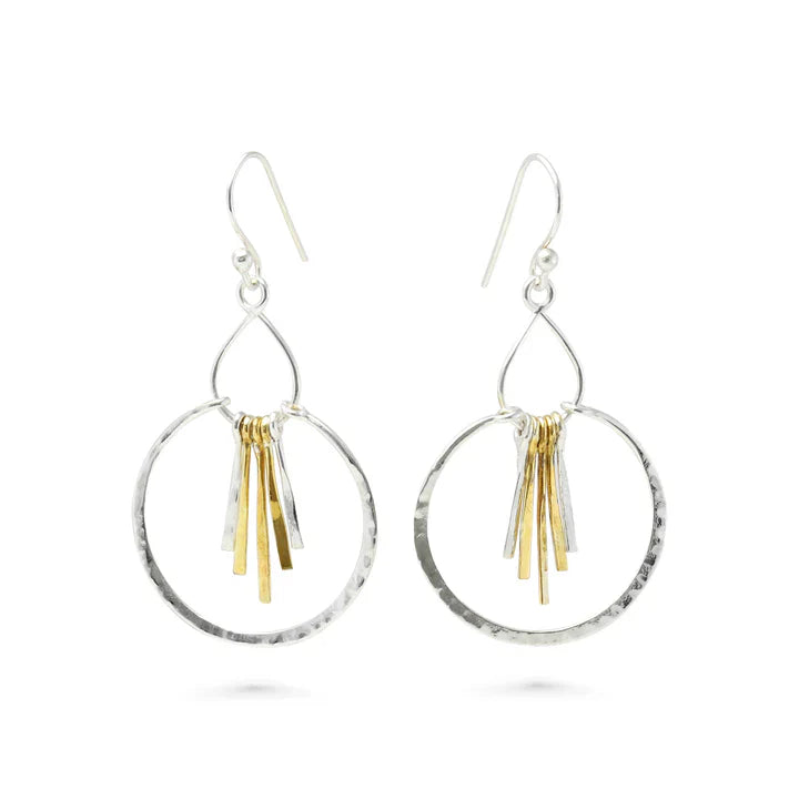 Silver and gold two-tone hammered hoop earrings with dangling tassels