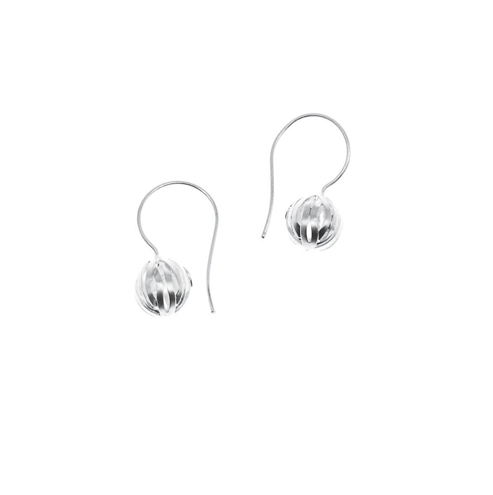 Silver ribbed ball drop earrings with hook backs