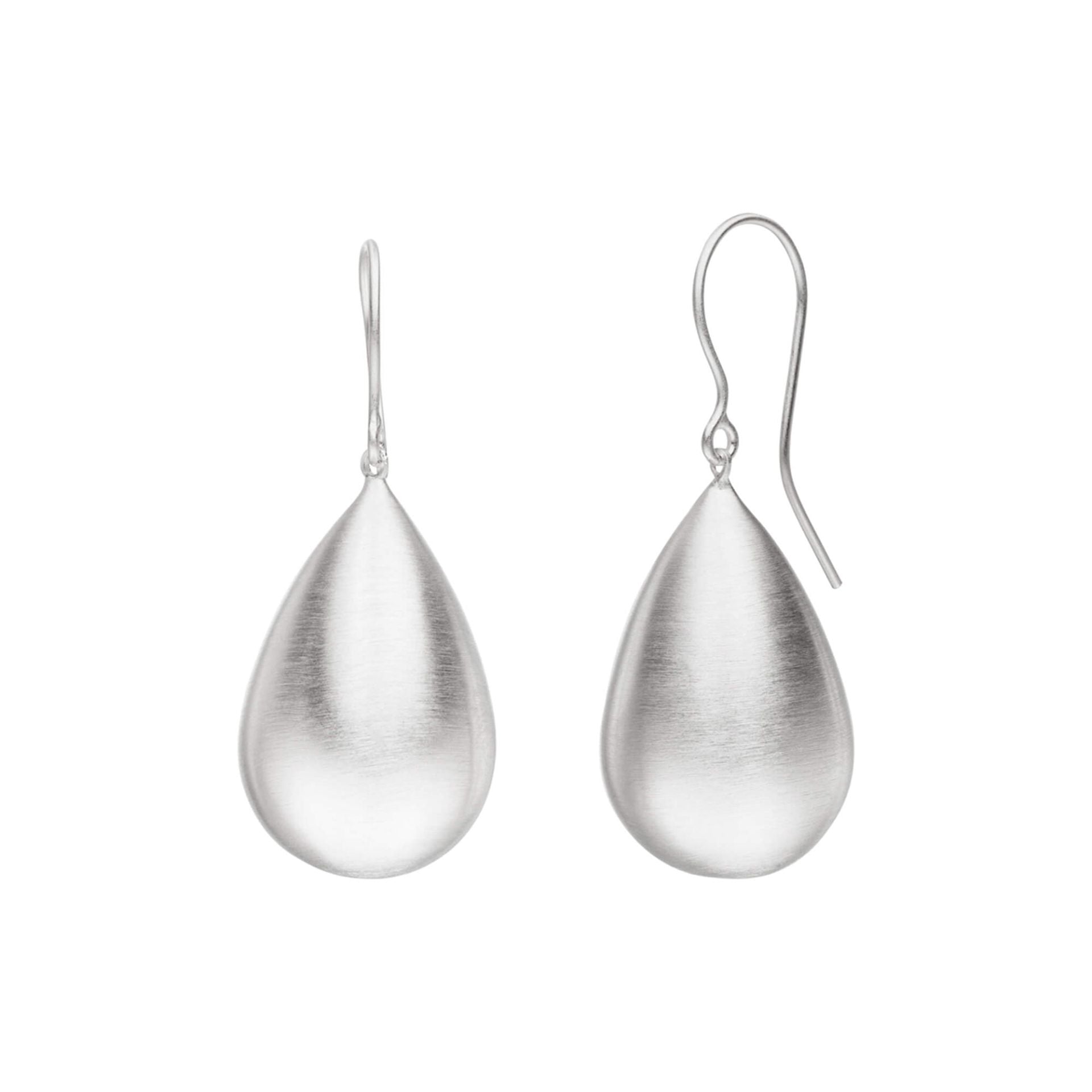Silver teardrop earrings with brushed metallic finish and hook clasps