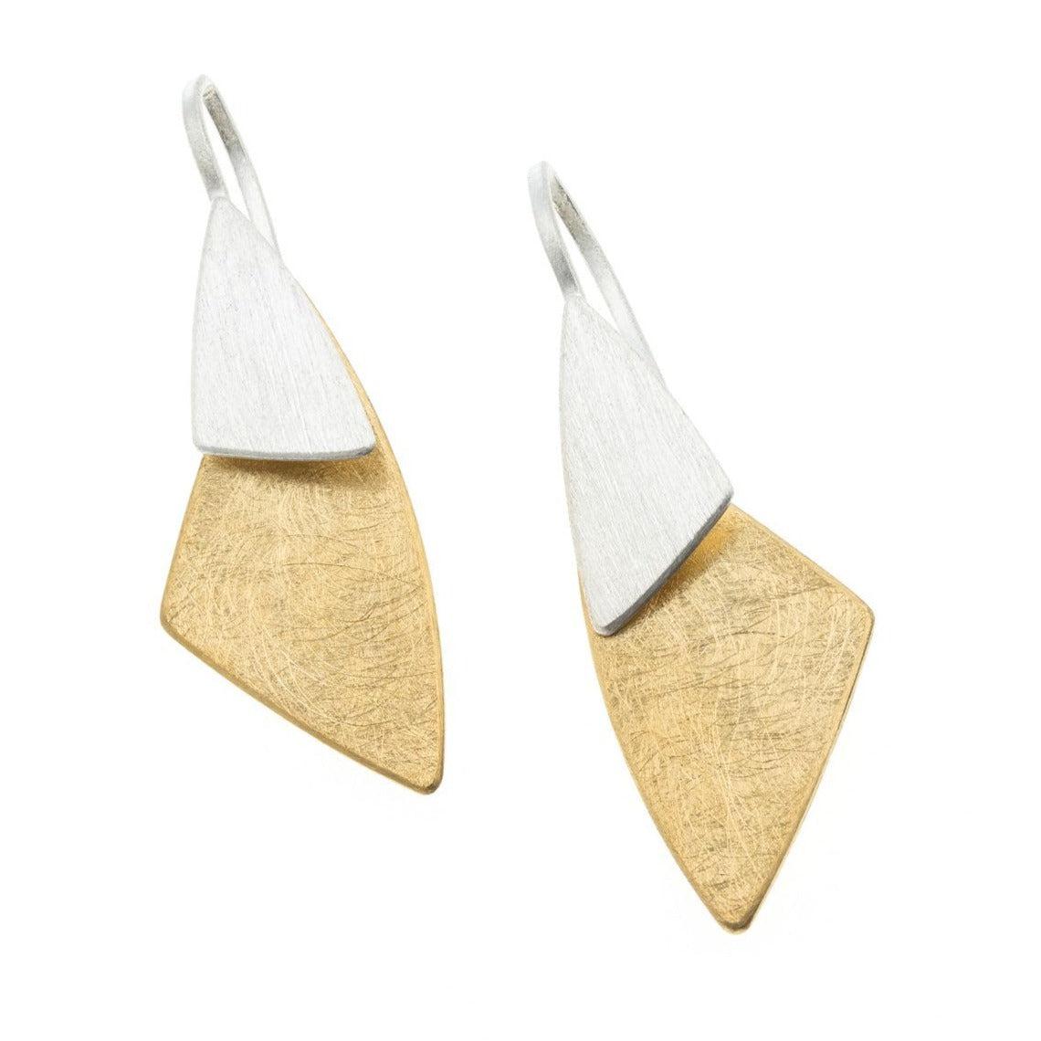 Silver and gold geometric drop earrings with brushed finish