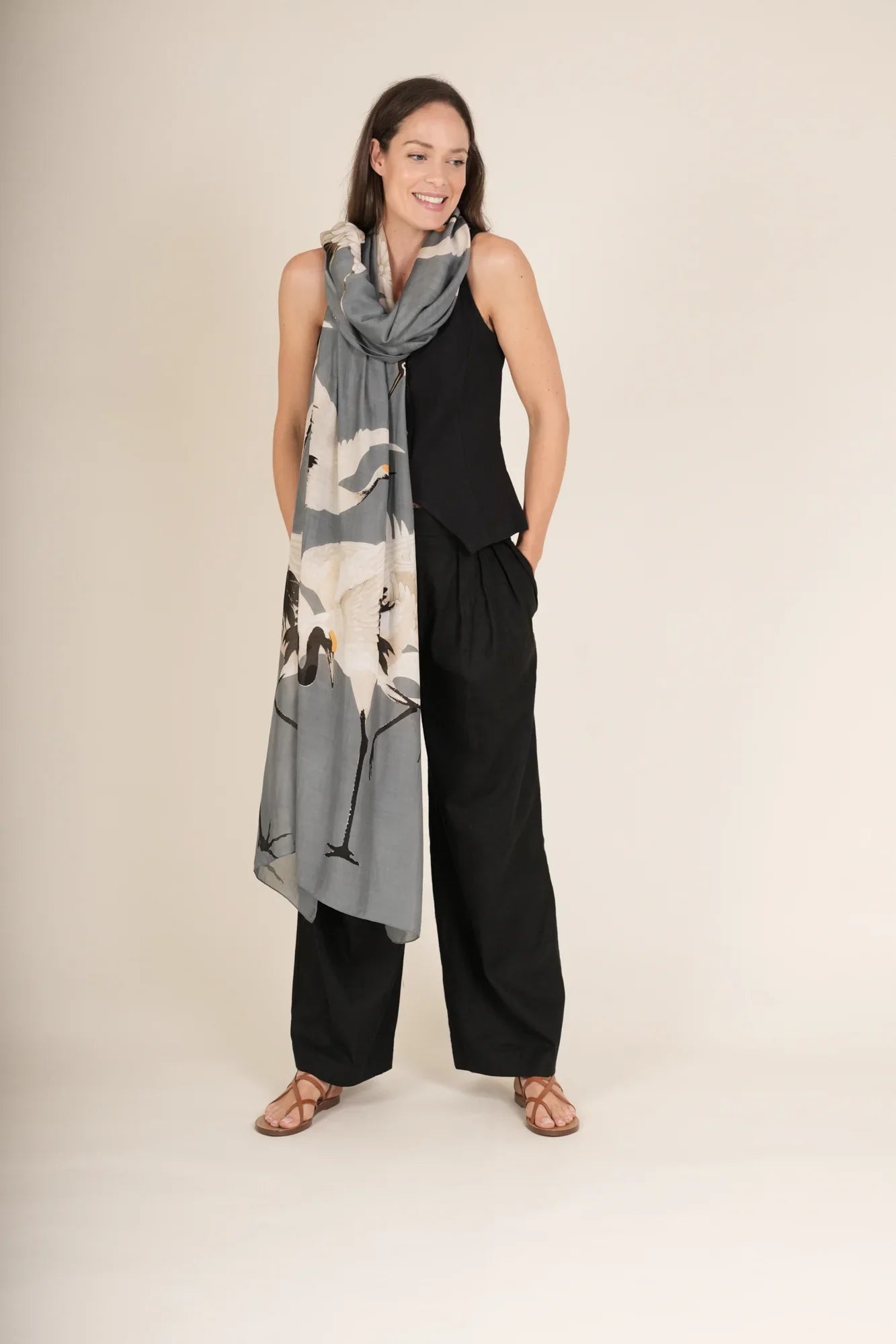 Elegant Slate Grey Stork Scarf with white crane print on model