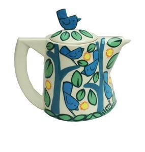 Small Birds Teapot with blue birds, green leaves, yellow suns pattern