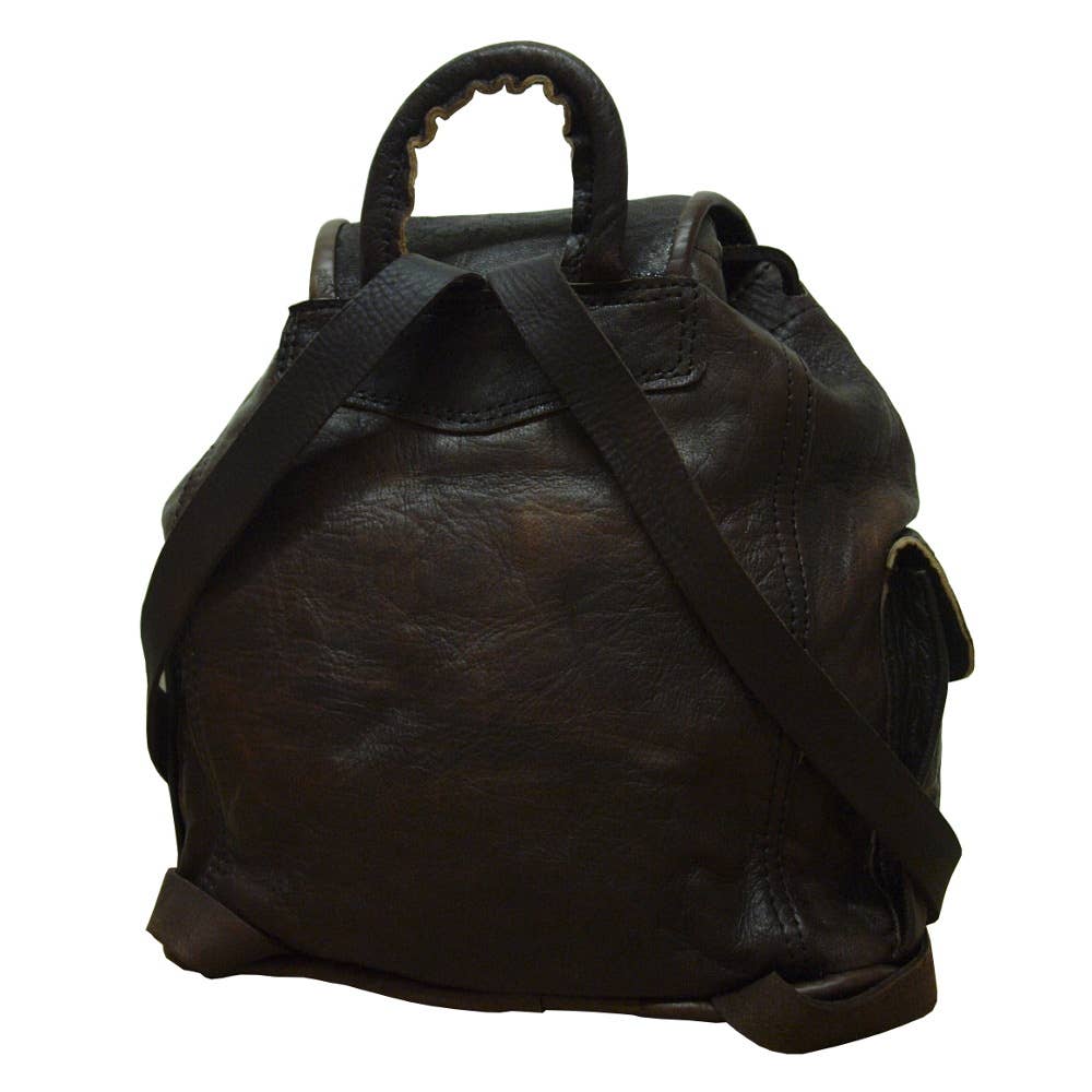Small tan leather rucksack with dark brown backpack, top handle, adjustable straps