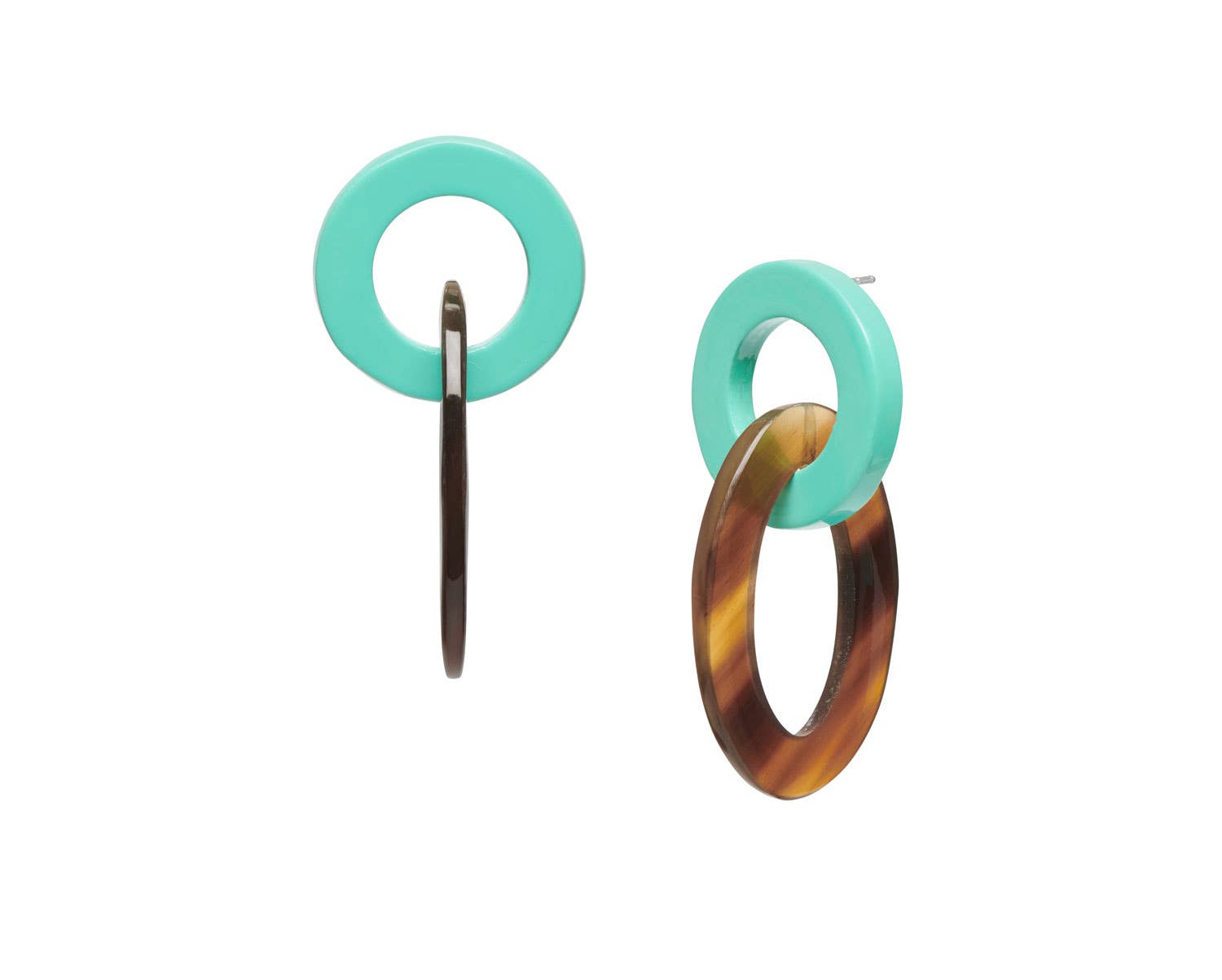 Turquoise and tortoiseshell acrylic double-ring earrings in aquamarine
