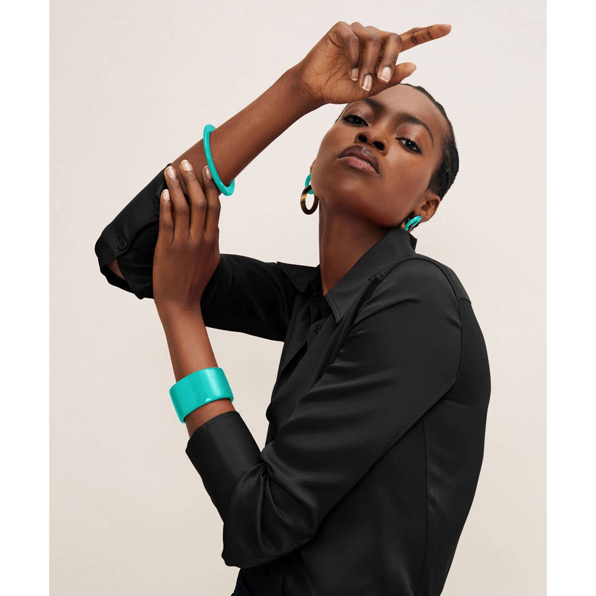 Vibrant aquamarine buffalo horn hoop earrings and turquoise bangles