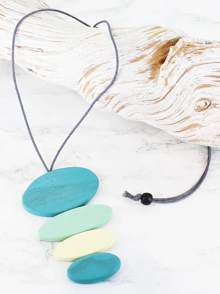 Turq stacked wooden oval pendant necklace