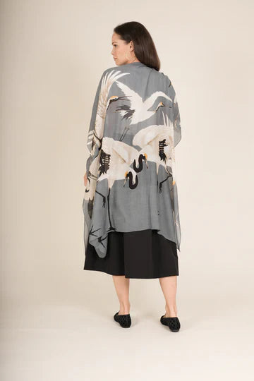 Elegant gray silk kimono with white crane illustrations and black sleeve accents
