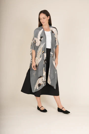Gray kimono-style Stork Slate Throwover jacket with crane prints
