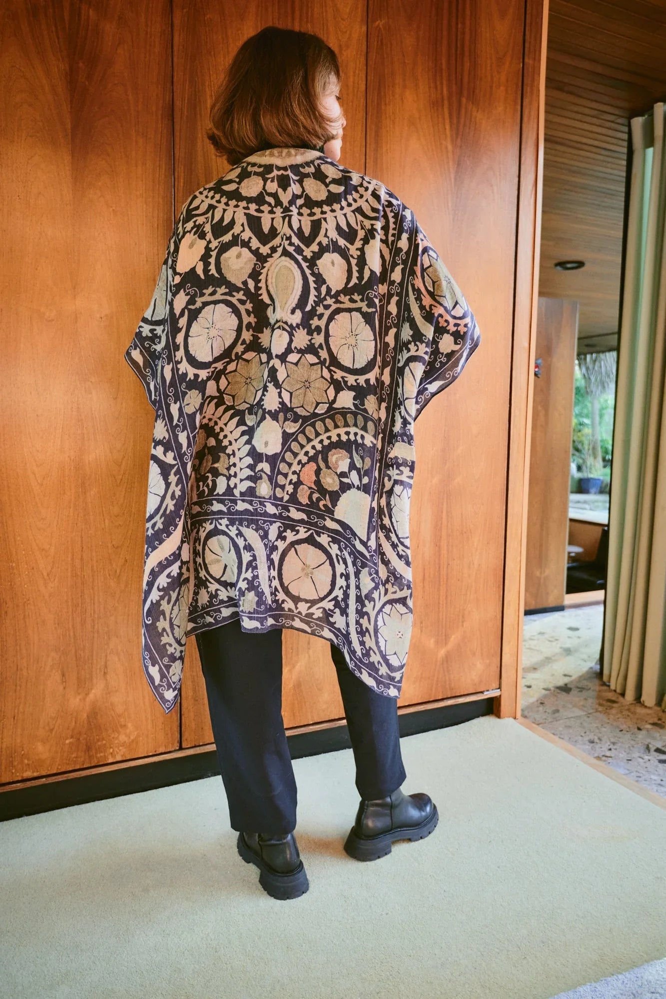 Susani Charcoal Wool Throwover in beige-brown kimono pattern