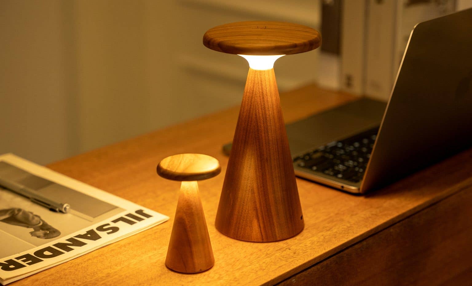 Sylva Table Lamp in large walnut with warm ambient light