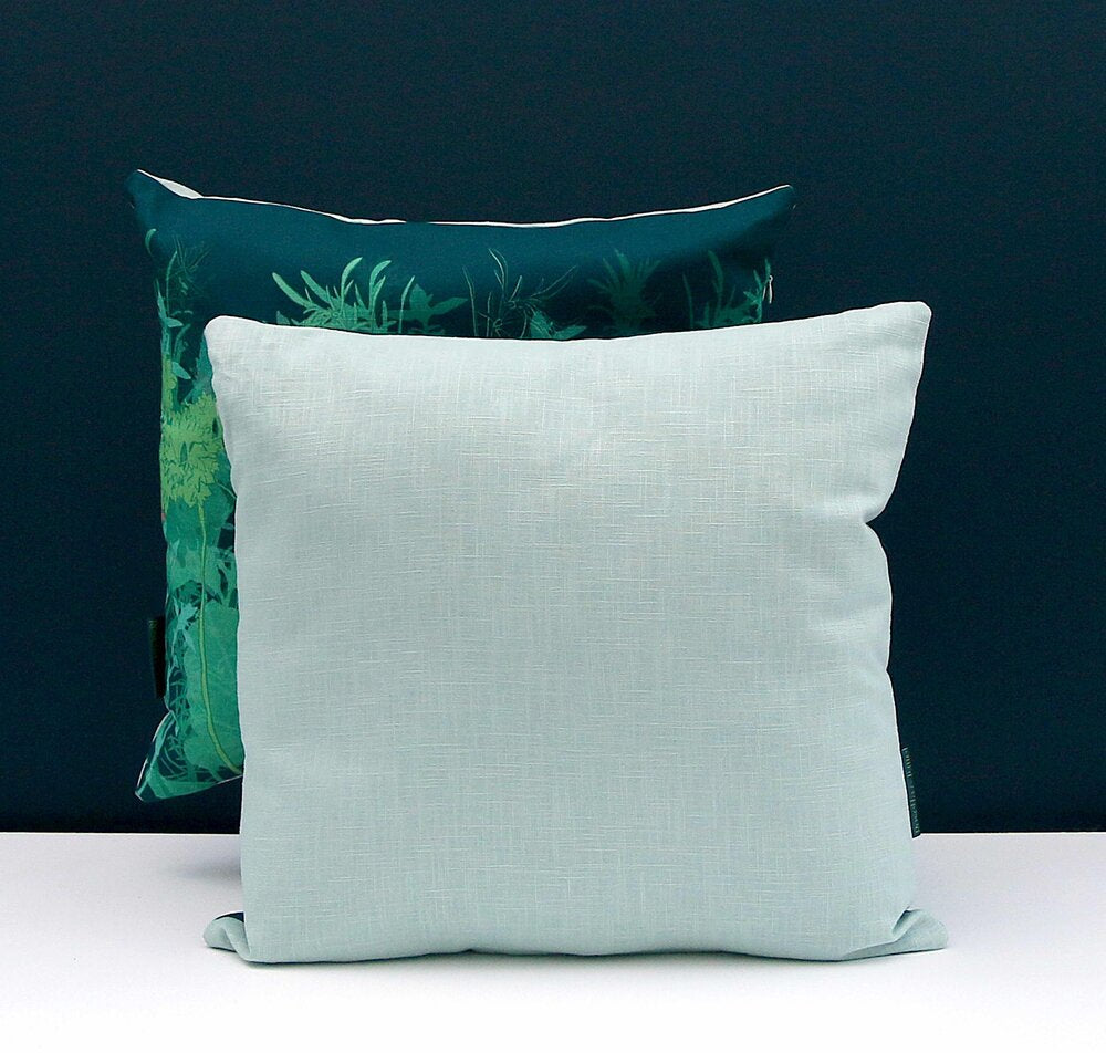 Light blue linen Teal Garden Cushion with subtle woven texture