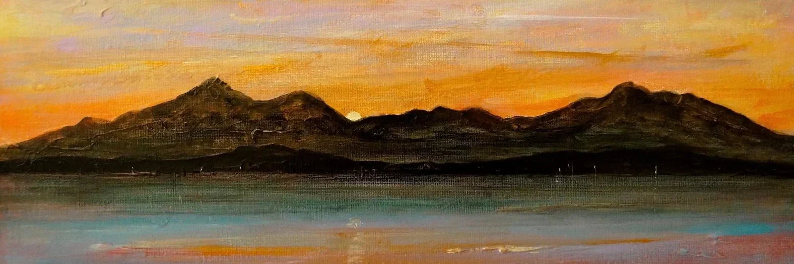 Serene sunset painting of Sleeping Warrior mountains silhouetted against orange pink sky in calm waters