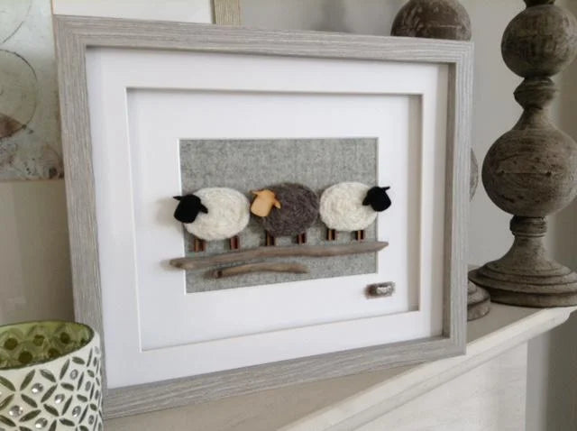 Three Sheep felt art: framed handcrafted black-faced woolly sheep on driftwood