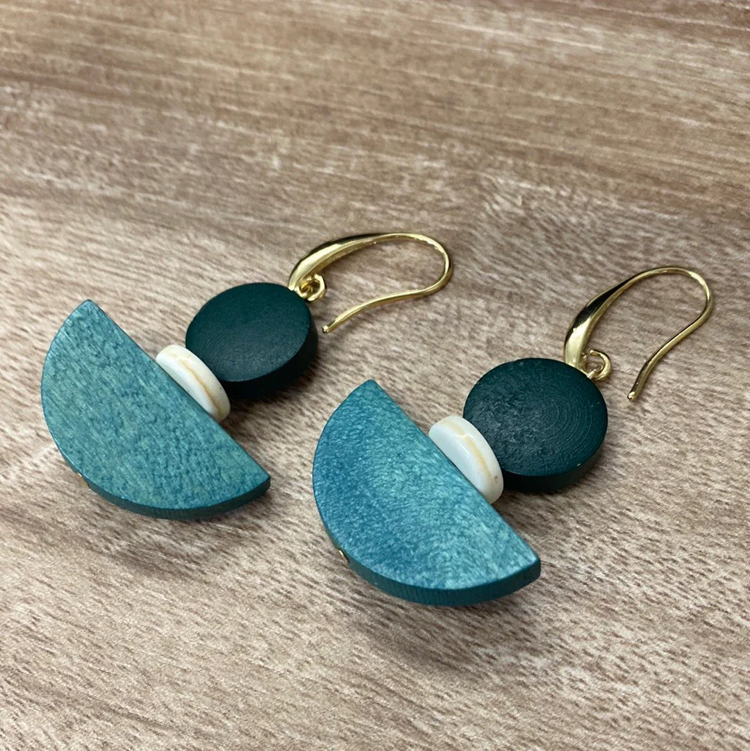 Teal and white geometric wood drop earrings with gold hooks