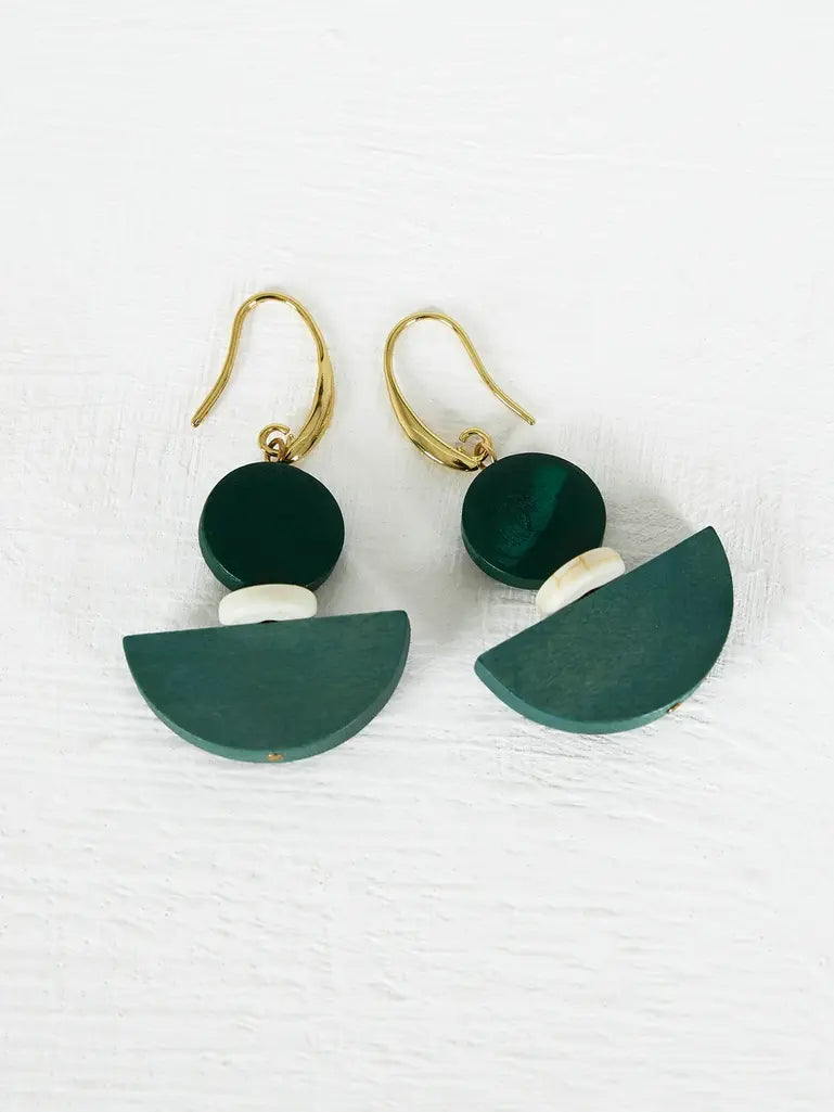 Dark green semi-circular Turq and Gold wood drop earrings with white bead