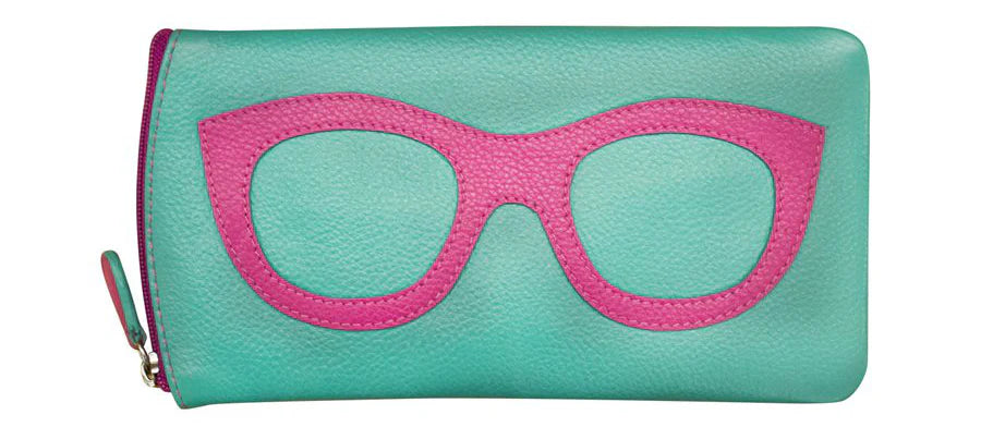 Turq & Pink Glasses Case: teal leather wallet with pink stitched glasses and magenta zipper