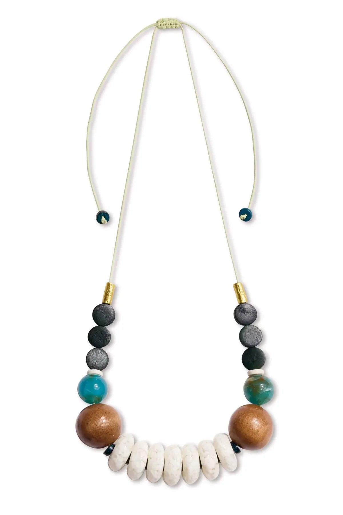 Turq Wood Green Cord bohemian necklace with teal, black, and brown beads