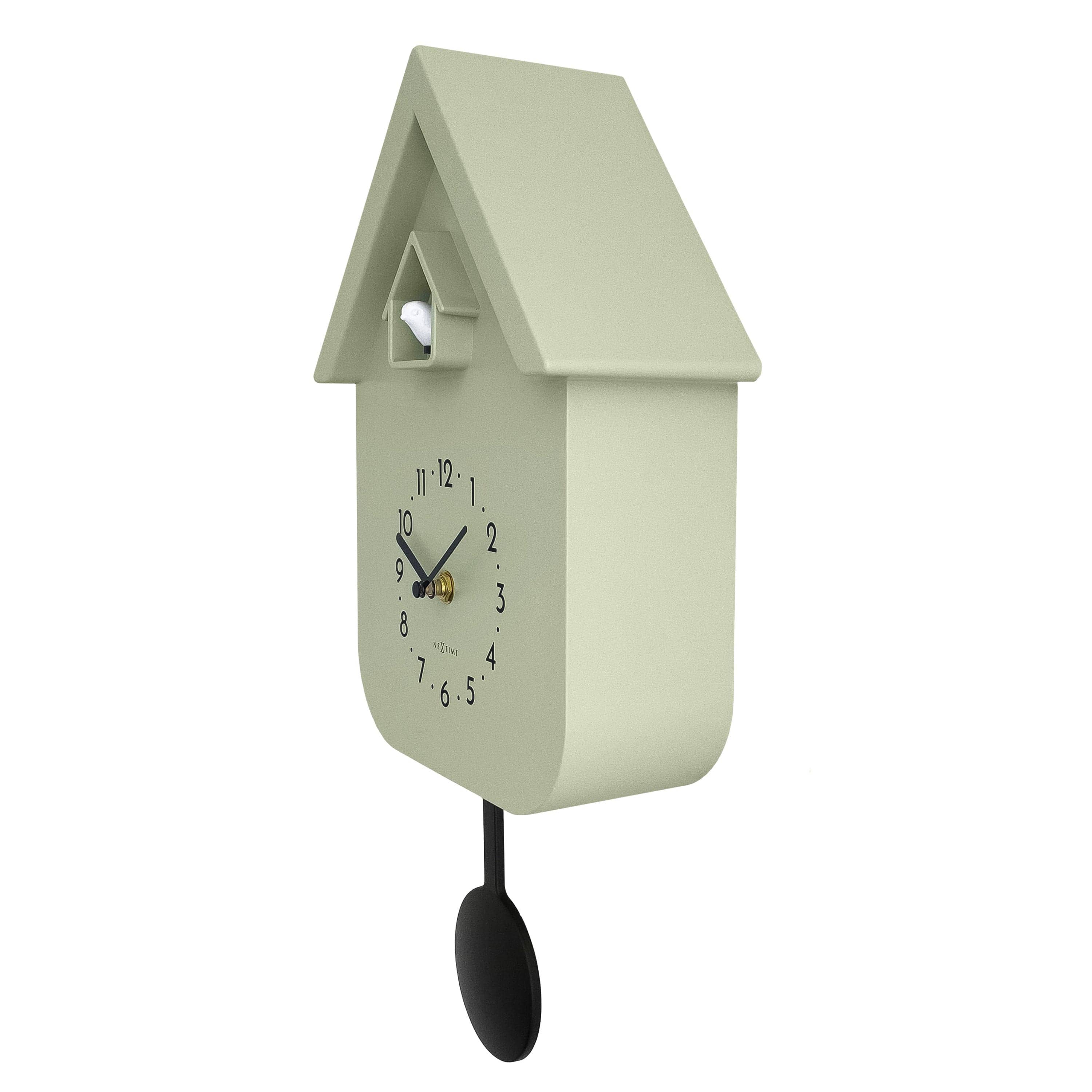Pale green NeXtime Twitter cuckoo clock with black pendulum and gold hands